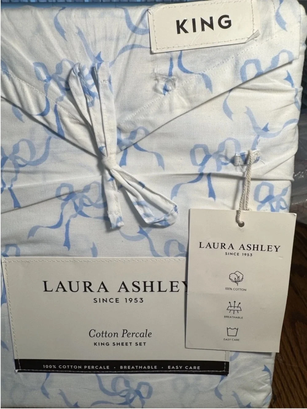 Laura Ashley King Blue Bow 100% Percale Cotton Sheet Set NWT Cottagecore